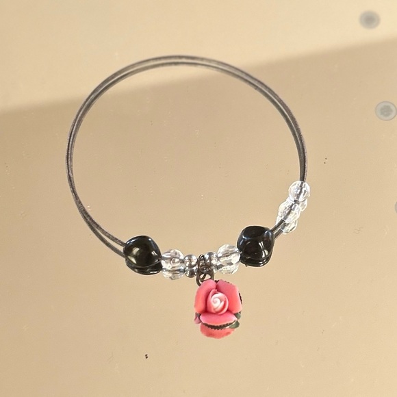 Jewelry - Delicate Pink Rose Charm Bracelet with Crystal & Black Beads
